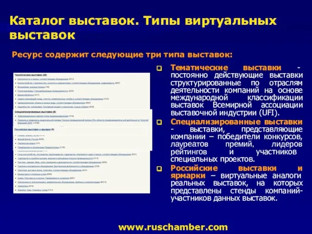 www.ruschamber.com Каталог выставок. Типы виртуальных выставок Ресурс содержит следующие три типа выставок: