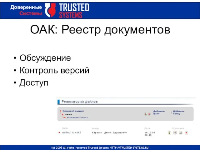 ОАК: Реестр документов Обсуждение Контроль версий Доступ (с) 2006 All rights reserved Trusted Systems HTTP://TRUSTED-SYSTEMS.RU