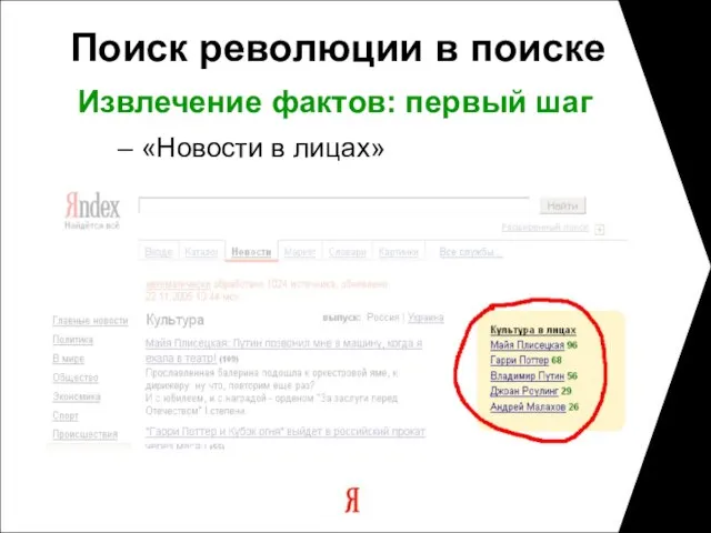 Поиск революции в поиске Извлечение фактов: первый шаг «Новости в лицах»