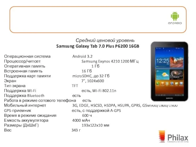 Средний ценовой уровень Samsung Galaxy Tab 7.0 Plus P6200 16GB Операционная система