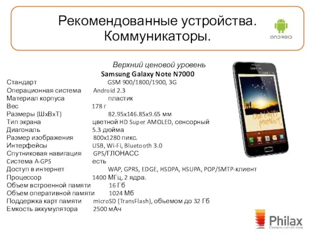 Верхний ценовой уровень Samsung Galaxy Note N7000 Стандарт GSM 900/1800/1900, 3G Операционная