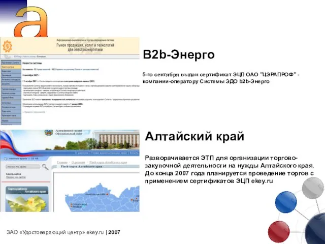 a ЗАО «Удостоверяющий центр» ekey.ru | 2007 5-го сентября выдан сертификат ЭЦП