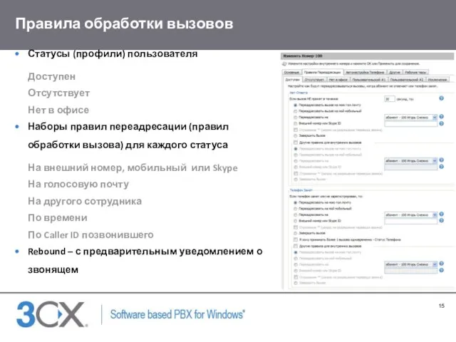 Правила обработки вызовов Статусы (профили) пользователя Доступен Отсутствует Нет в офисе Наборы