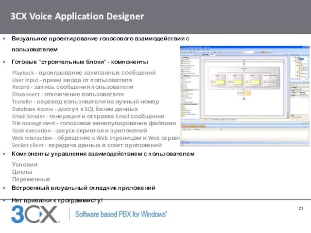 3CX Voice Application Designer Визуальное проектирование голосового взаимодействия с пользователем Готовые "строительные