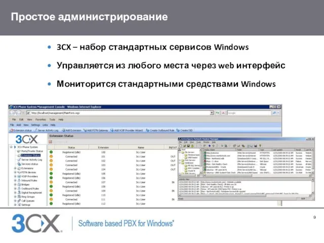 Простое администрирование 3CX – набор стандартных сервисов Windows Управляется из любого места