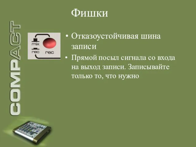 Фишки Отказоустойчивая шина записи Прямой посыл сигнала со входа на выход записи.