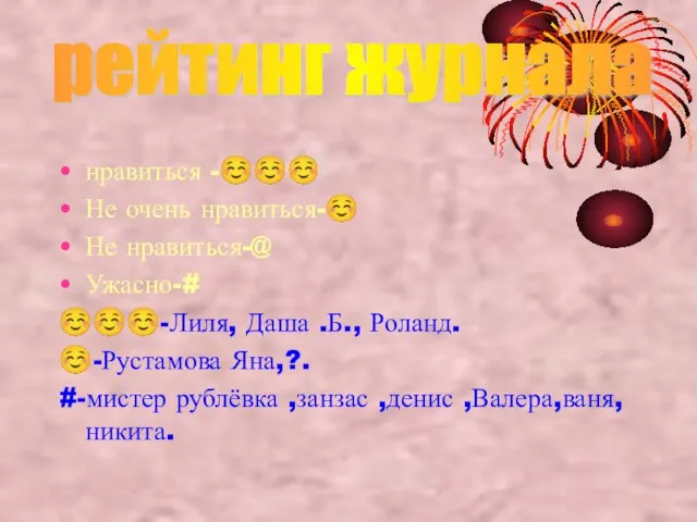 нравиться -☺☺☺ Не очень нравиться-☺ Не нравиться-@ Ужасно-# ☺☺☺-Лиля, Даша .Б., Роланд.