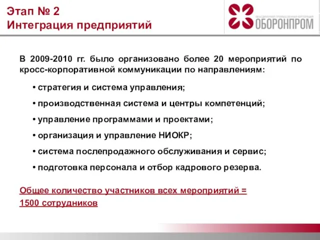 Этап № 2 Интеграция предприятий В 2009-2010 гг. было организовано более 20