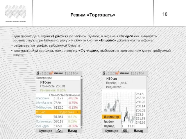 Режим «Торговать» для перехода в экран «График» по нужной бумаге, в экране