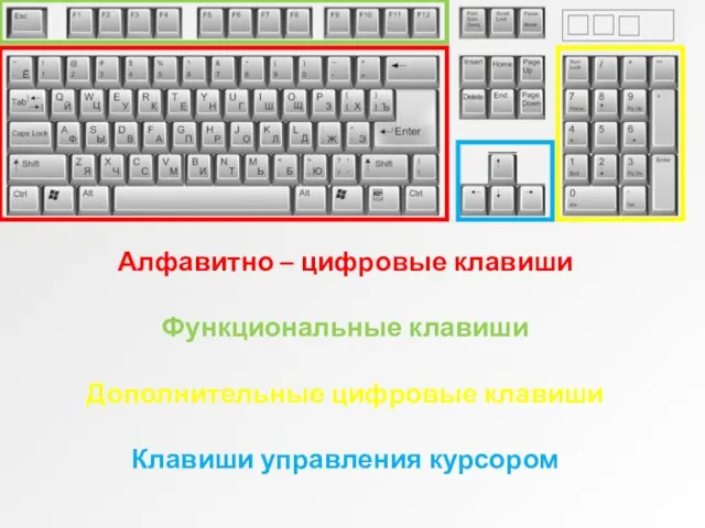 Алфавитно – цифровые клавиши Функциональные клавиши Дополнительные цифровые клавиши Клавиши управления курсором