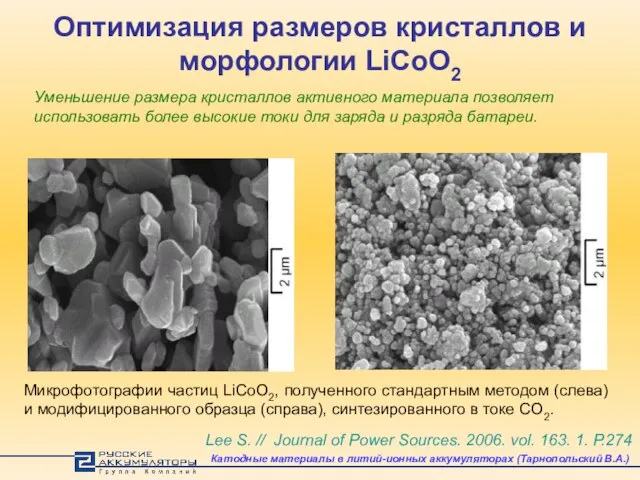 Оптимизация размеров кристаллов и морфологии LiCoO2 Lee S. // Journal of Power