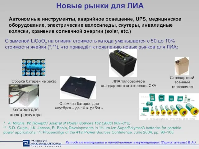 Новые рынки для ЛИА С заменой LiCoO2 на оливин стоимость катода уменьшается