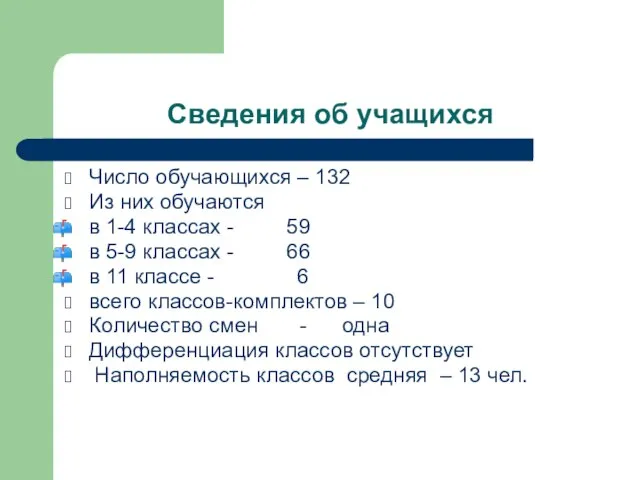 Сведения об учащихся Число обучающихся – 132 Из них обучаются в 1-4