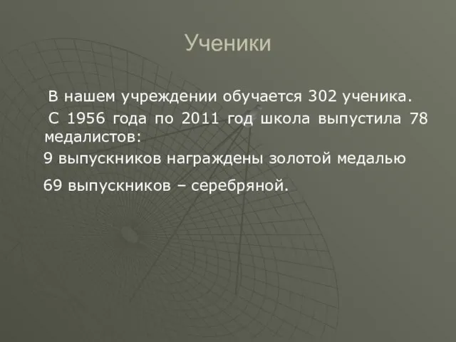 Ученики В нашем учреждении обучается 302 ученика. С 1956 года по 2011