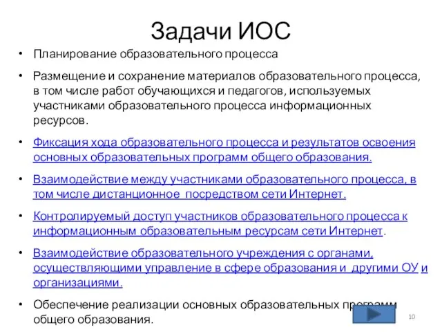 Задачи ИОС Планирование образовательного процесса Размещение и сохранение материалов образовательного процесса, в