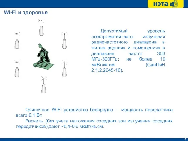 Wi-Fi и здоровье Одиночное W-Fi устройство безвредно - мощность передатчика всего 0,1