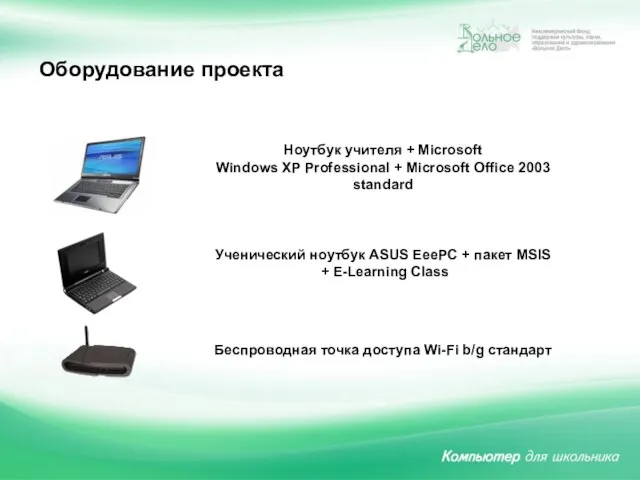 Оборудование проекта Ноутбук учителя + Microsoft Windows XP Professional + Microsoft Office