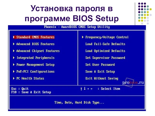 Установка пароля в программе BIOS Setup