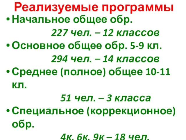 Реализуемые программы Начальное общее обр. 227 чел. – 12 классов Основное общее