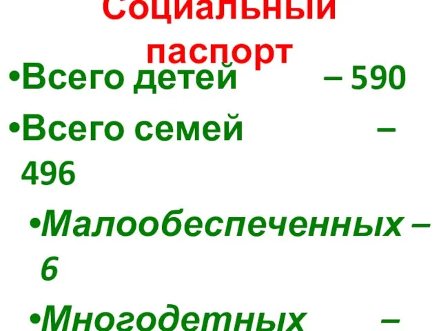 Социальный паспорт Всего детей – 590 Всего семей – 496 Малообеспеченных –