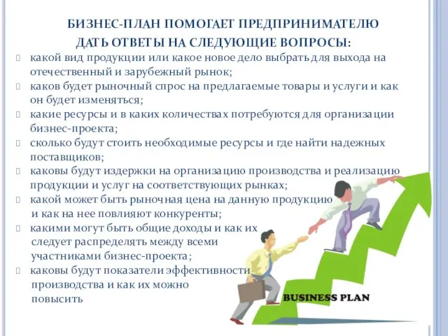 БИЗНЕС-ПЛАН ПОМОГАЕТ ПРЕДПРИНИМАТЕЛЮ ДАТЬ ОТВЕТЫ НА СЛЕДУЮЩИЕ ВОПРОСЫ: какой вид продукции или