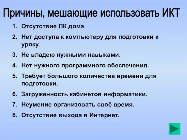 Причины, мешающие использовать ИКТ Отсутствие ПК дома Нет доступа к компьютеру для