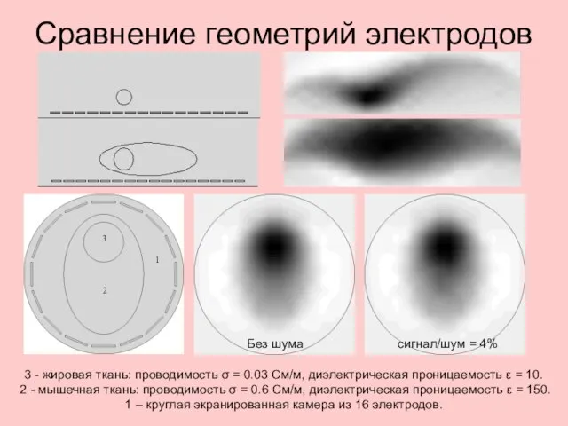 Сравнение геометрий электродов Без шума сигнал/шум = 4% 3 - жировая ткань: