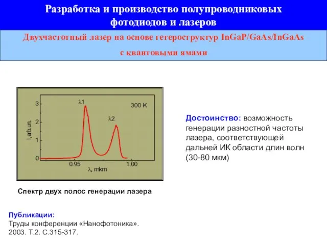 Двухчастотный лазер на основе гетероструктур InGaP/GaAs/InGaAs с квантовыми ямами Спектр двух полос