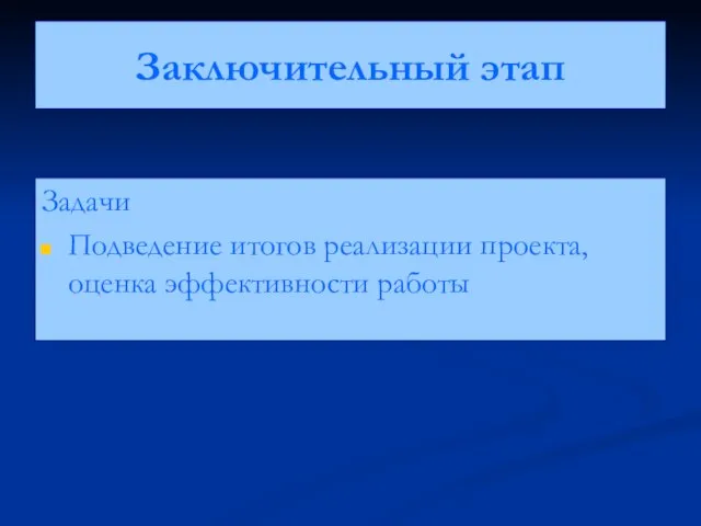 Заключительный этап Задачи Подведение итогов реализации проекта, оценка эффективности работы