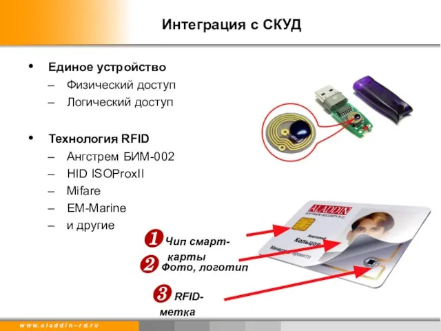 Интеграция с СКУД Единое устройство Физический доступ Логический доступ Технология RFID Ангстрем