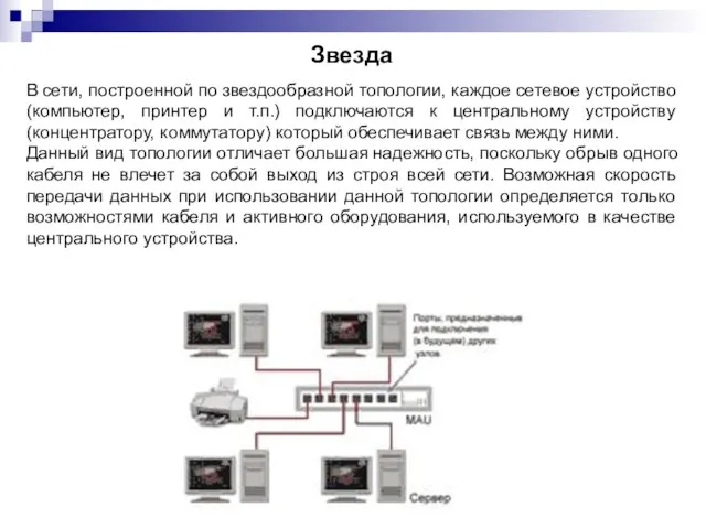 Звезда В сети, построенной по звездообразной топологии, каждое сетевое устройство (компьютер, принтер