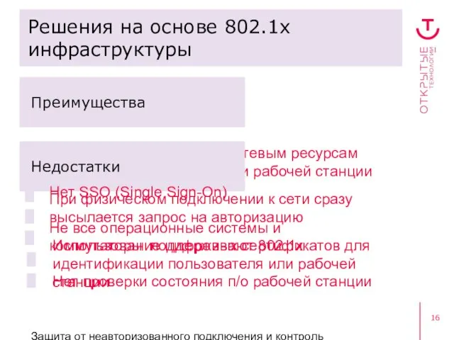 Защита от неавторизованного подключения и контроль пользовательского доступа Решения на основе 802.1х инфраструктуры