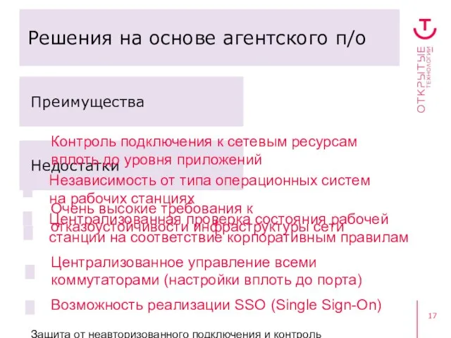 Защита от неавторизованного подключения и контроль пользовательского доступа Решения на основе агентского п/о