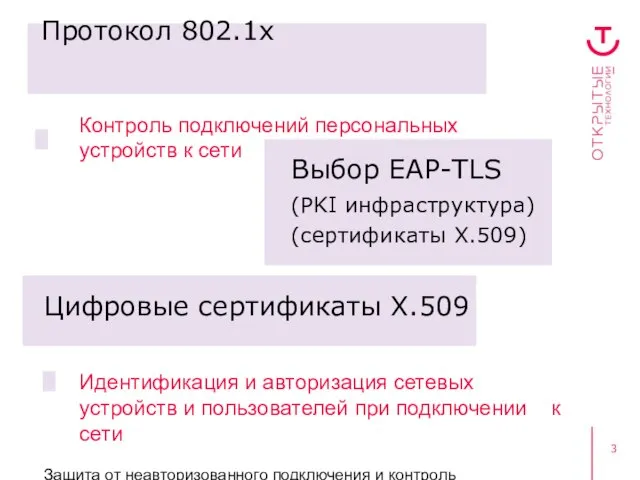 Защита от неавторизованного подключения и контроль пользовательского доступа Протокол 802.1х Контроль подключений персональных устройств к сети