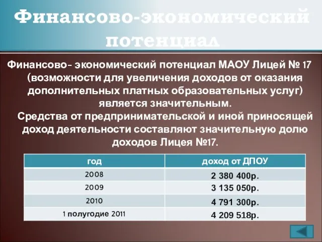 Финансово- экономический потенциал МАОУ Лицей № 17 (возможности для увеличения доходов от