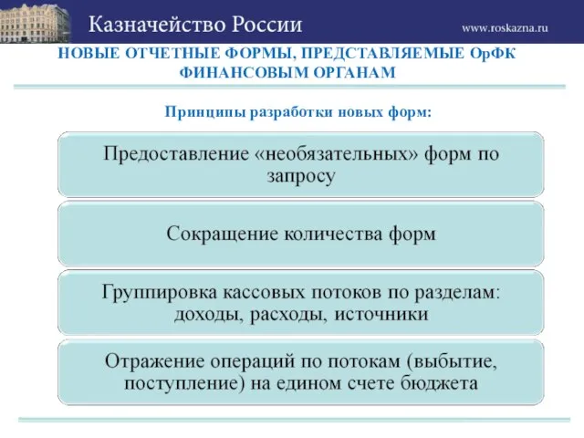 НОВЫЕ ОТЧЕТНЫЕ ФОРМЫ, ПРЕДСТАВЛЯЕМЫЕ ОрФК ФИНАНСОВЫМ ОРГАНАМ Принципы разработки новых форм: