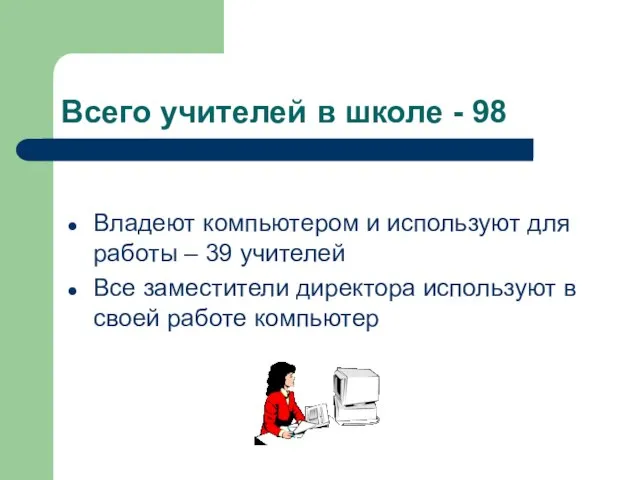 Всего учителей в школе - 98 Владеют компьютером и используют для работы