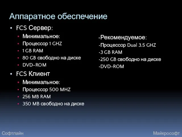 Аппаратное обеспечение FCS Сервер: Минимальное: Процессор 1 GHZ 1 GB RAM 80