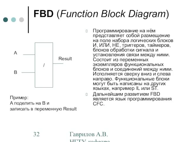 Гаврилов А.В. НГТУ, кафедра АППМ FBD (Function Block Diagram) Программирование на нём