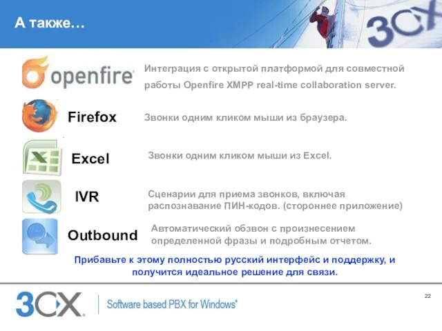 А также… Firefox Интеграция с открытой платформой для совместной работы Openfire XMPP