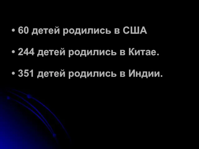 60 детей родились в США 244 детей родились в Китае. 351 детей родились в Индии.