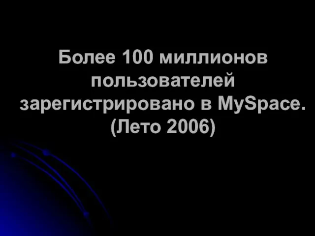 Более 100 миллионов пользователей зарегистрировано в MySpace. (Лето 2006)