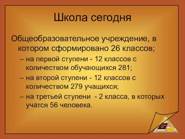 Школа сегодня Общеобразовательное учреждение, в котором сформировано 26 классов; на первой ступени