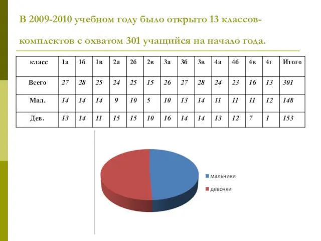 В 2009-2010 учебном году было открыто 13 классов-комплектов с охватом 301 учащийся на начало года.