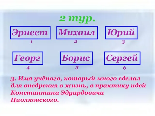 2 тур. 2 тур. Эрнест Георг Борис Сергей Михаил Юрий 6 1