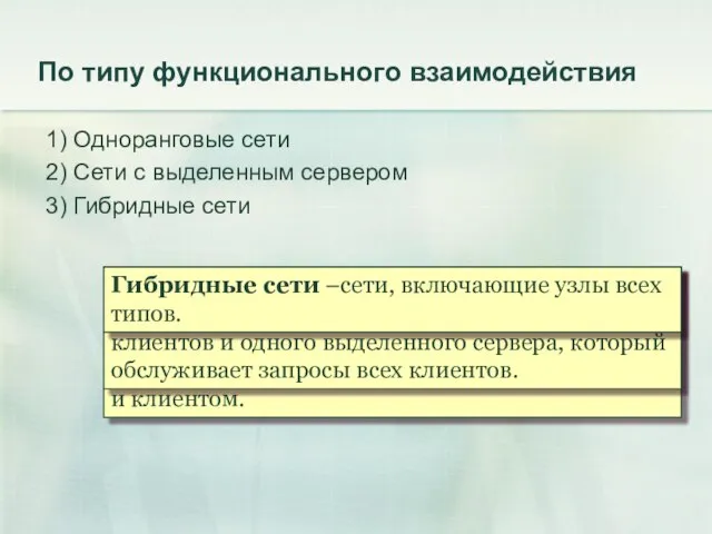 По типу функционального взаимодействия 1) Одноранговые сети 2) Сети с выделенным сервером