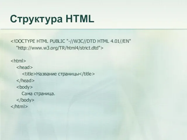 Структура HTML "http://www.w3.org/TR/html4/strict.dtd"> Название страницы Сама страница.