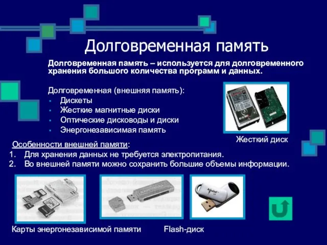 Долговременная память Долговременная (внешняя память): Дискеты Жесткие магнитные диски Оптические дисководы и