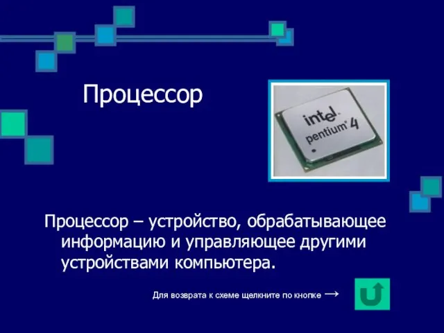 Процессор Процессор – устройство, обрабатывающее информацию и управляющее другими устройствами компьютера. Для