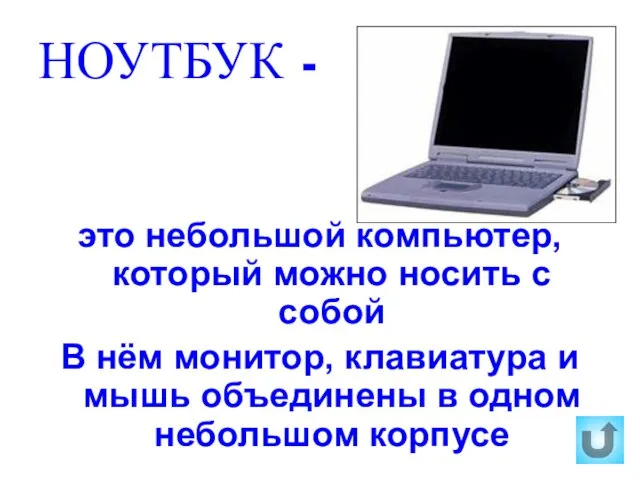 НОУТБУК - это небольшой компьютер, который можно носить с собой В нём